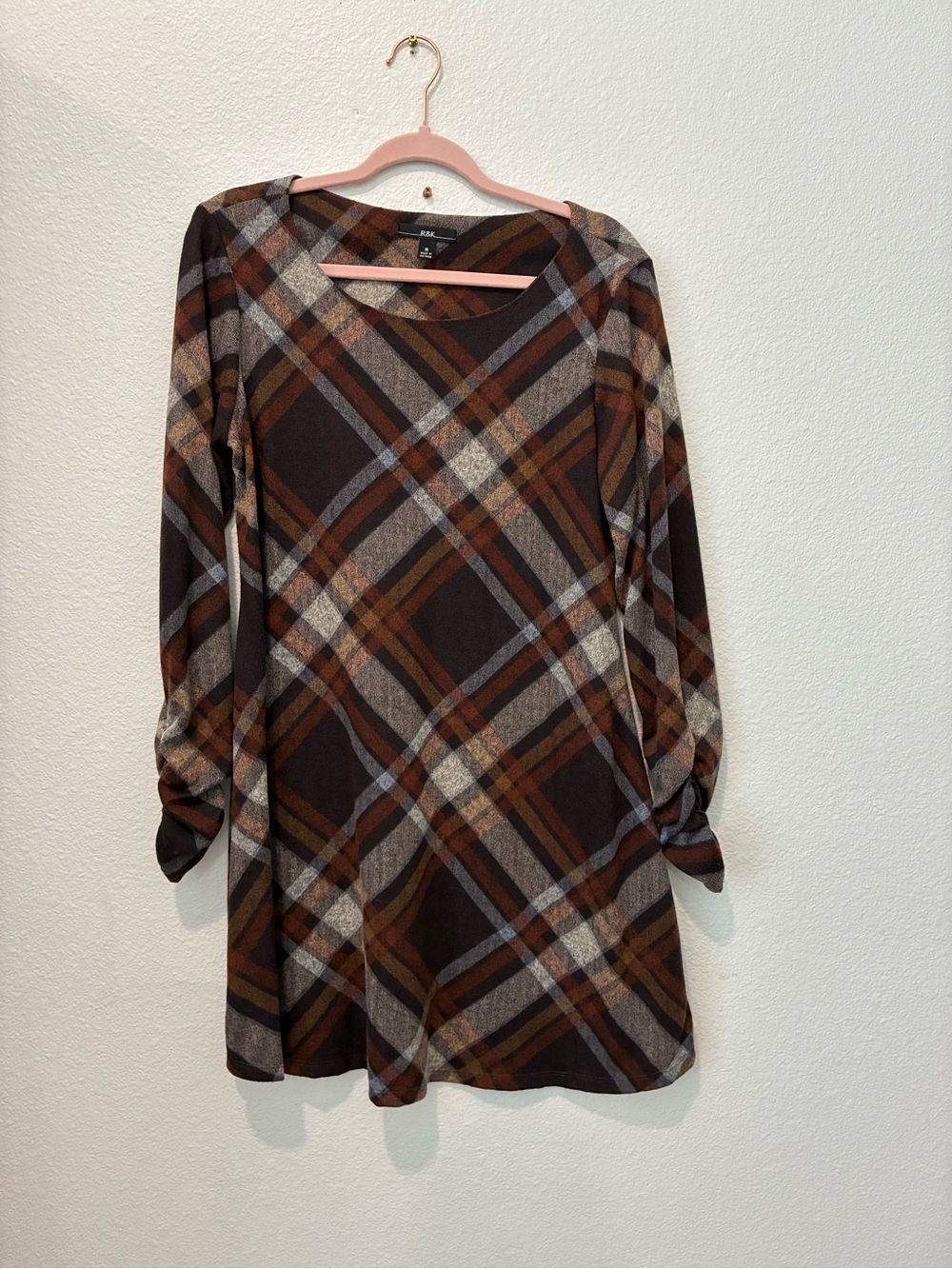 Plaid Long-Sleeve Dress - Brown size medium